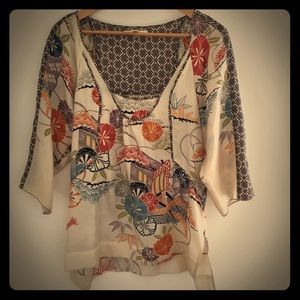 Burning Torch vintage-like print silk top